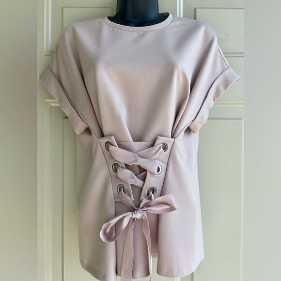 EXPRESS Light Pink Capped Short Sleeve Dressy Top Corset  Waist Blouse Size XS - Picture 3 of 10